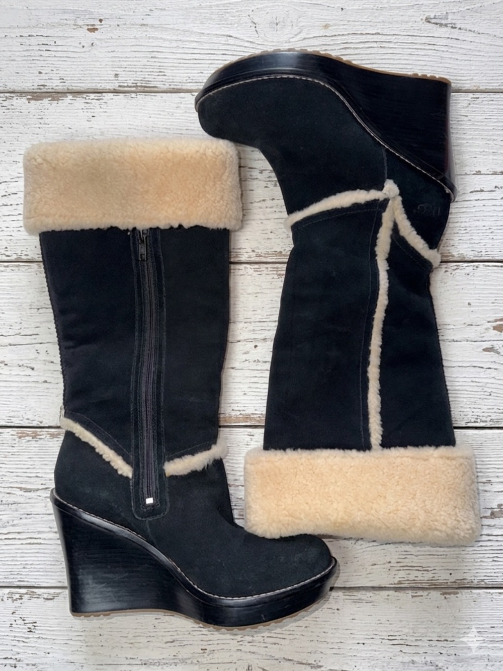 UGG Australia Aubrie Suede Shearling Wedge Knee High Boots Black Size 9.5 - Picture 1 of 15